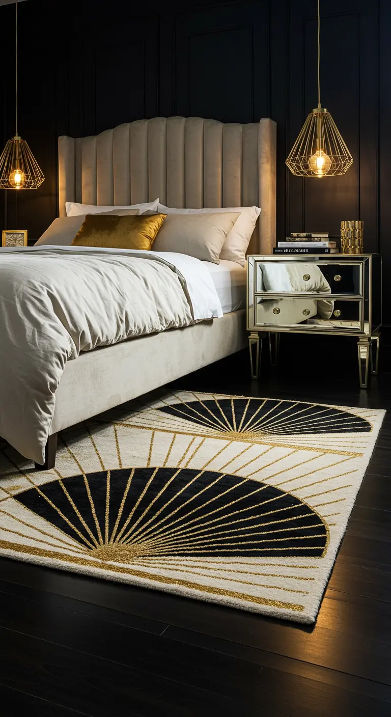 Dormitorio de estilo Art Déco con una alfombra con patrón de abanicos en negro, crema y dorado.