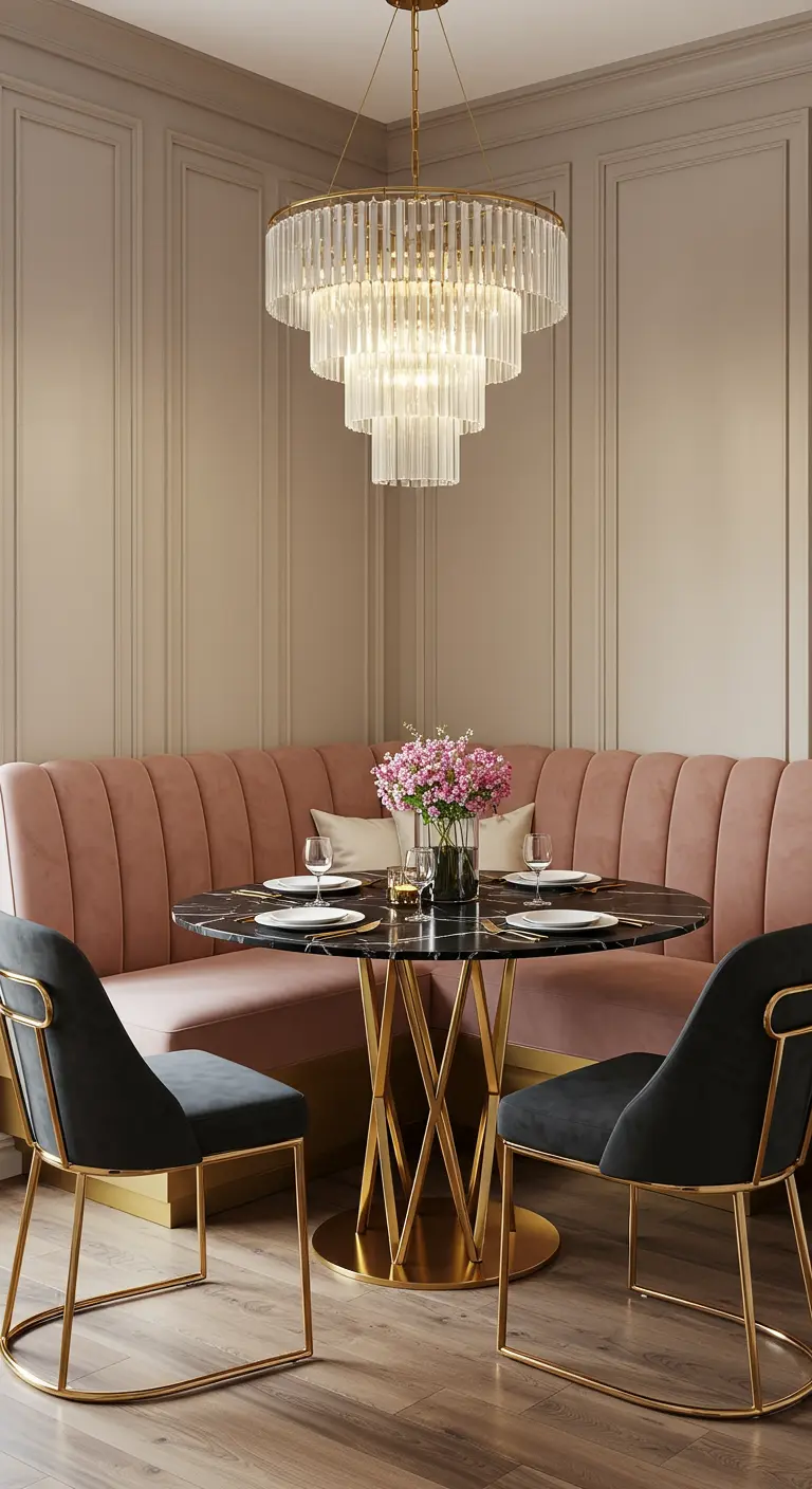 Rincón de comedor Art Déco con banco curvo de terciopelo rosa y lámpara de araña dorada.
