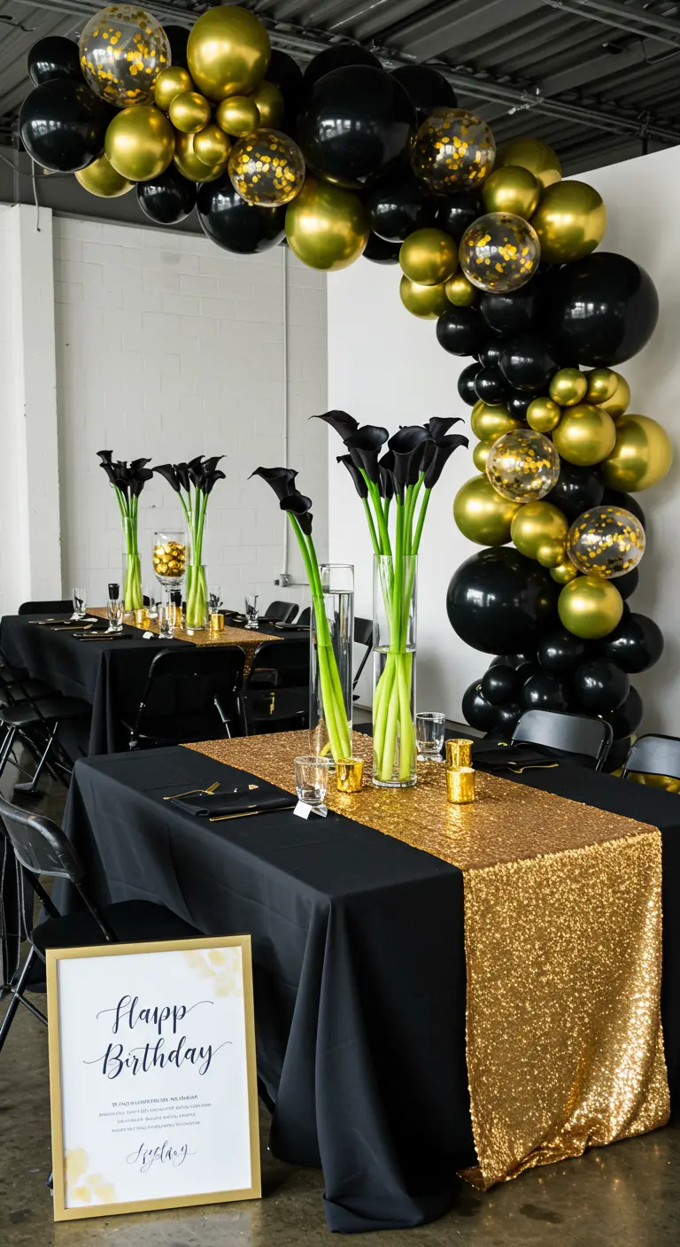 Mesa de cumpleaños con mantel negro, camino de lentejuelas doradas y un arco de globos a juego.