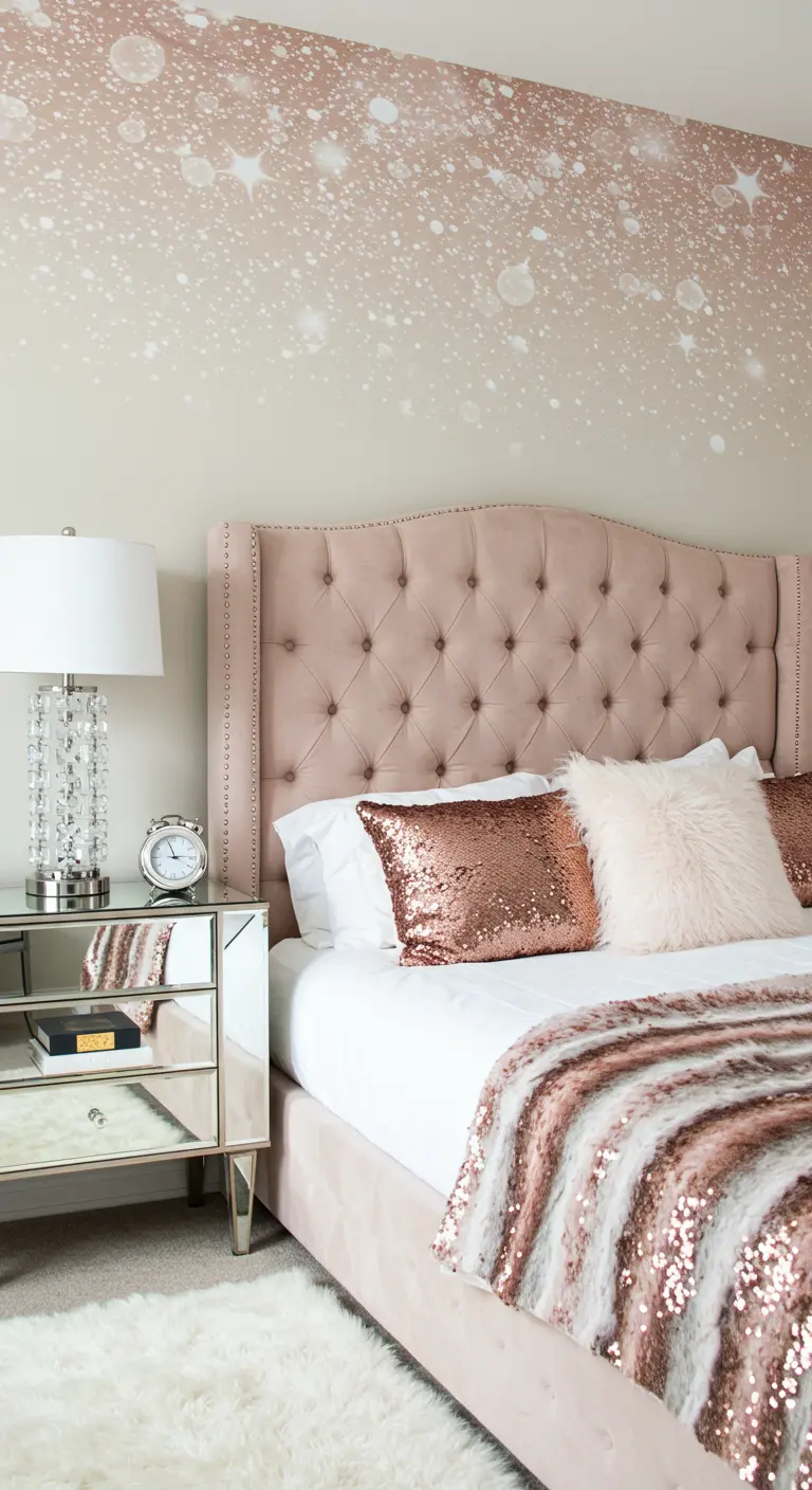 Dormitorio glamuroso en tonos rosa y oro rosa con cojines de lentejuelas y mesita de espejo.