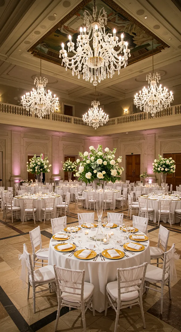 Salón de baile elegante con mesas redondas blancas, sillas y centros de mesa altos con flores blancas.