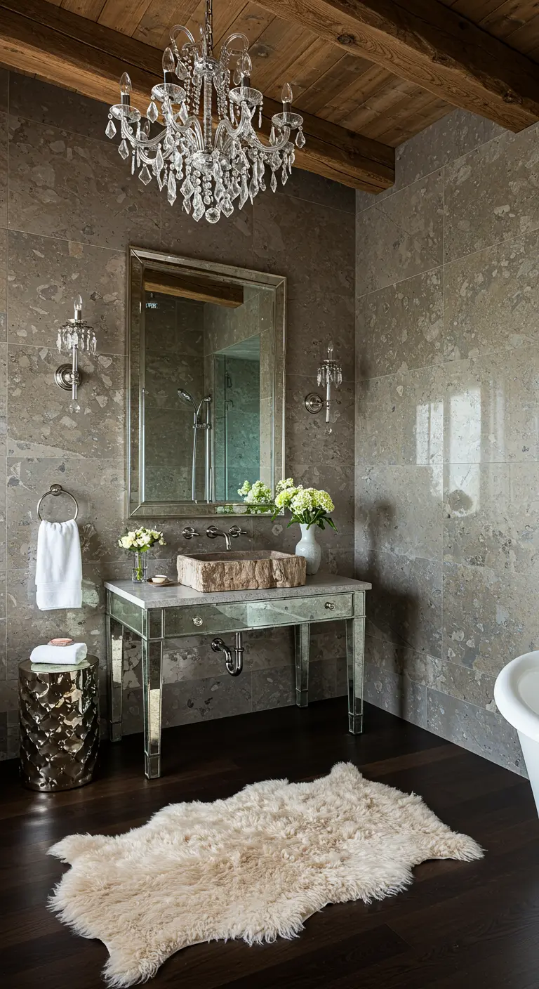 Baño rústico y glamuroso con lámpara de araña de cristal, tocador de espejo y paredes de piedra.