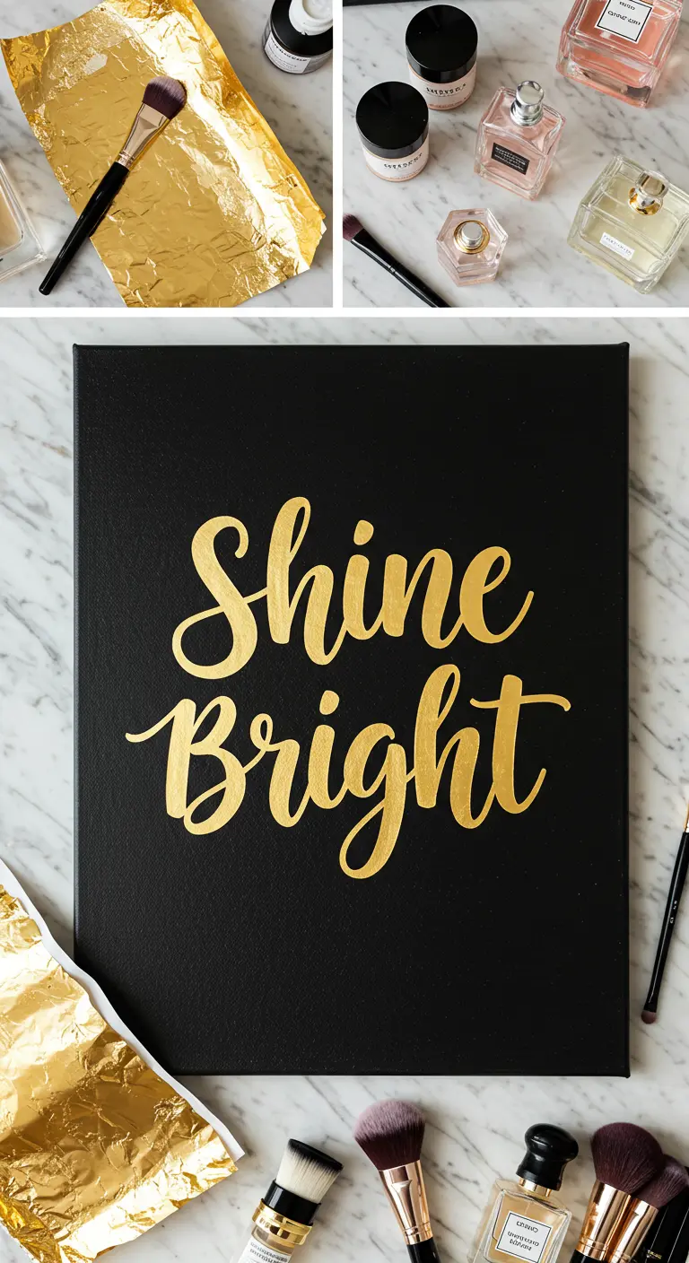 Proceso de creación de un cuadro negro con la frase 'Shine Bright' utilizando pan de oro.