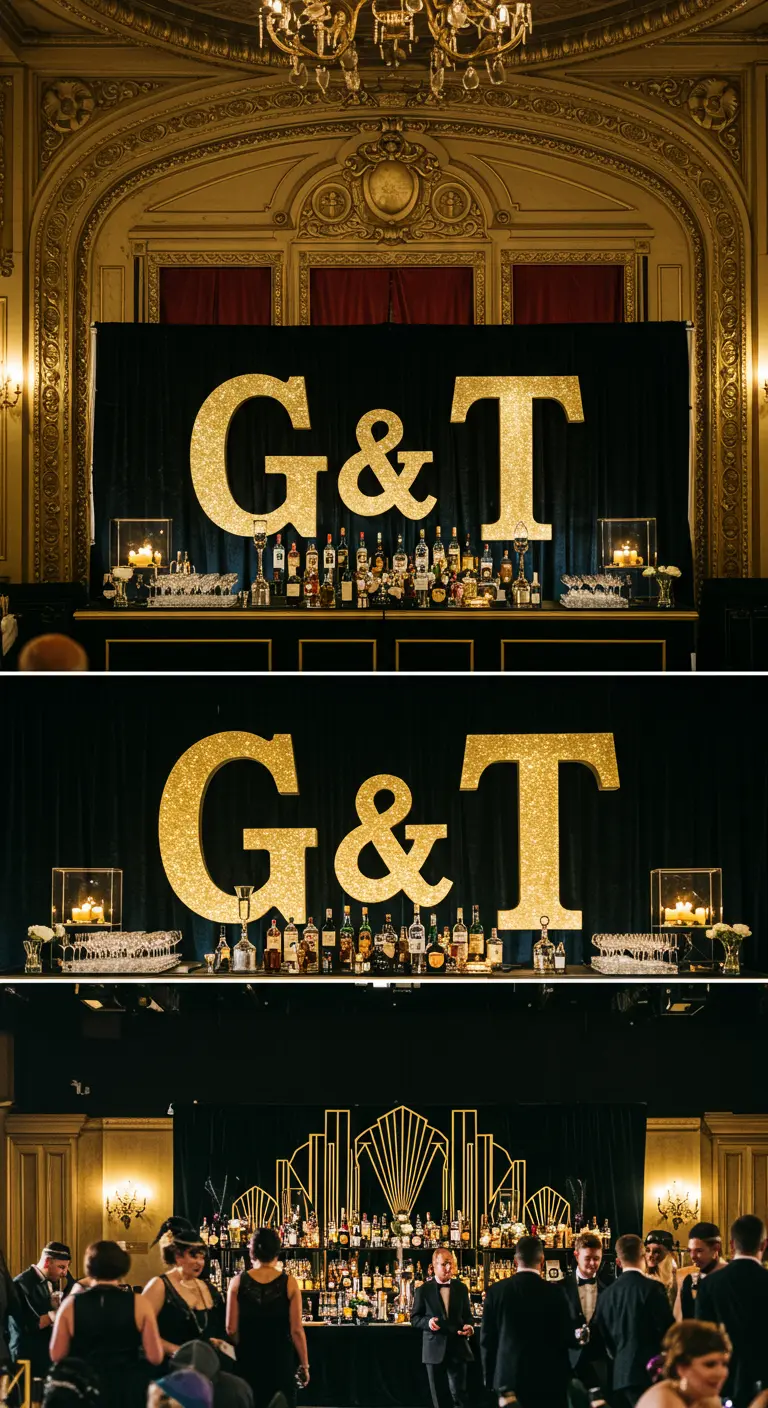 Iniciales gigantes 'G & T' cubiertas de purpurina dorada detrás de una barra de bar estilo Art Deco.