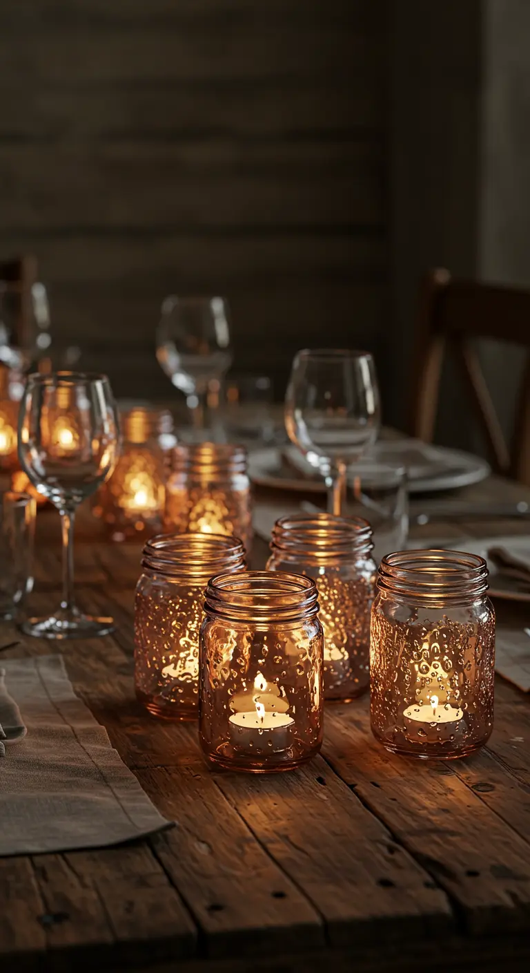 Frascos de vidrio con efecto mercurio y velas encendidas en su interior, sobre una mesa de madera.