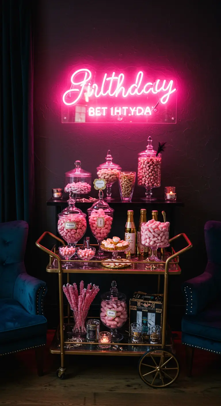 Carrito de bar dorado con dulces rosas bajo un letrero de neón que dice 'Birthday'.