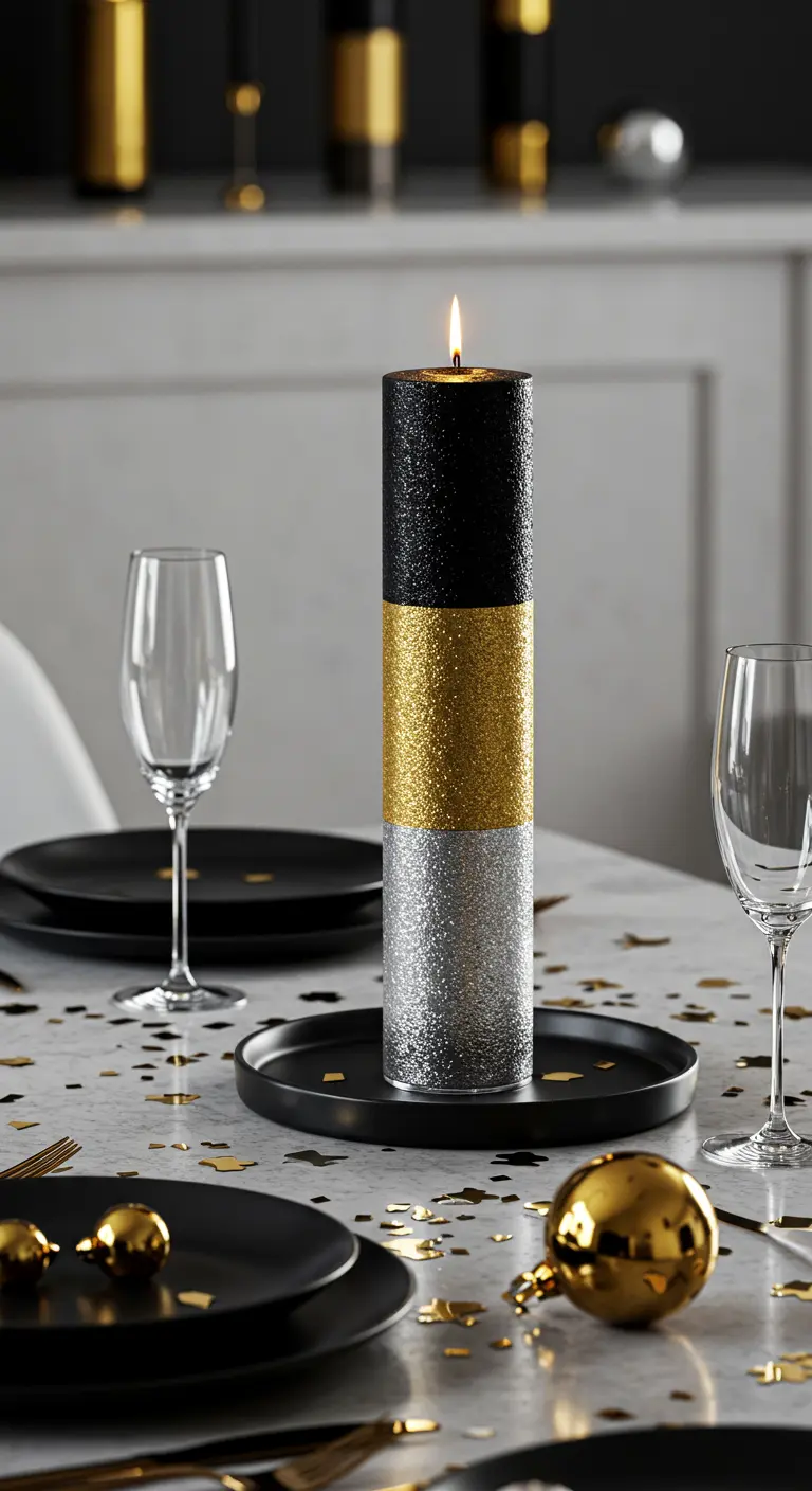Vela alta con capas de purpurina negra, dorada y plateada en una mesa de fiesta elegante.