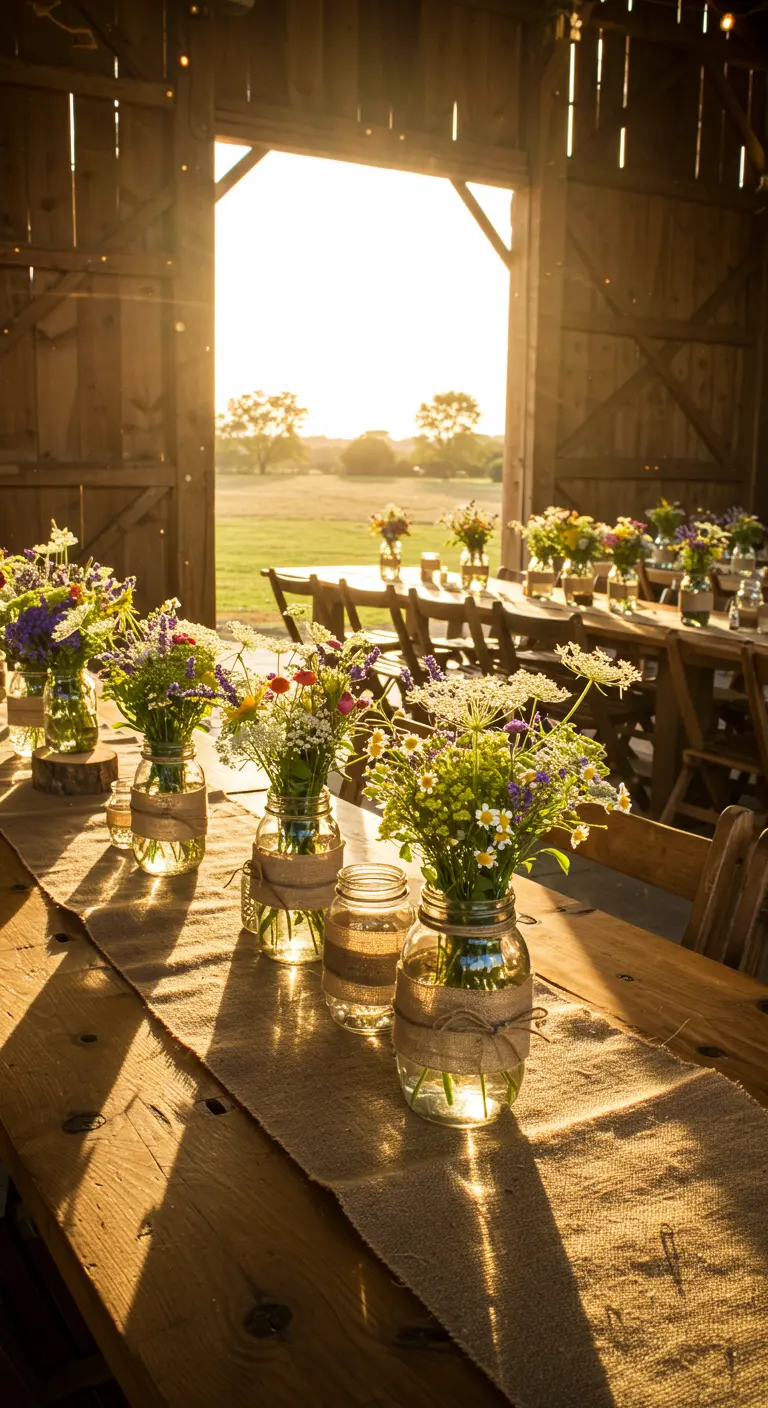 Centros de mesa con tarros y flores silvestres en una boda rústica en un granero al atardecer.