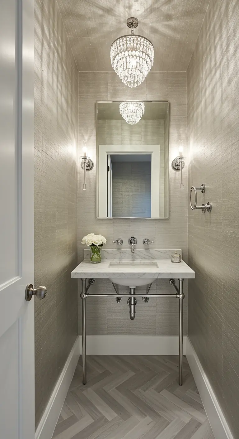 Aseo pequeño con papel pintado plateado, lámpara de cristal y lavabo con patas cromadas