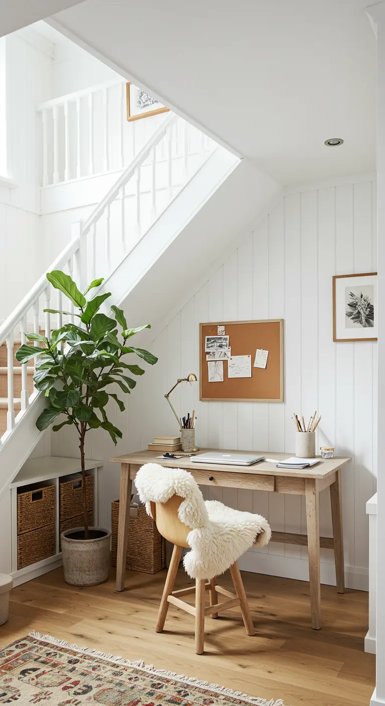 Oficina luminosa bajo escalera blanca con escritorio de madera clara y silla con piel de oveja.