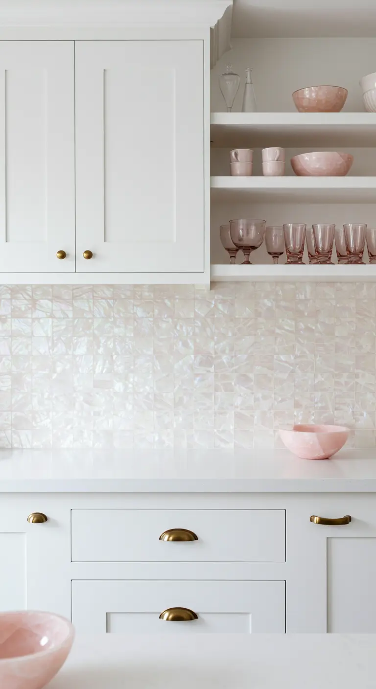 Cocina blanca y luminosa con un salpicadero de azulejos de nácar iridiscente.