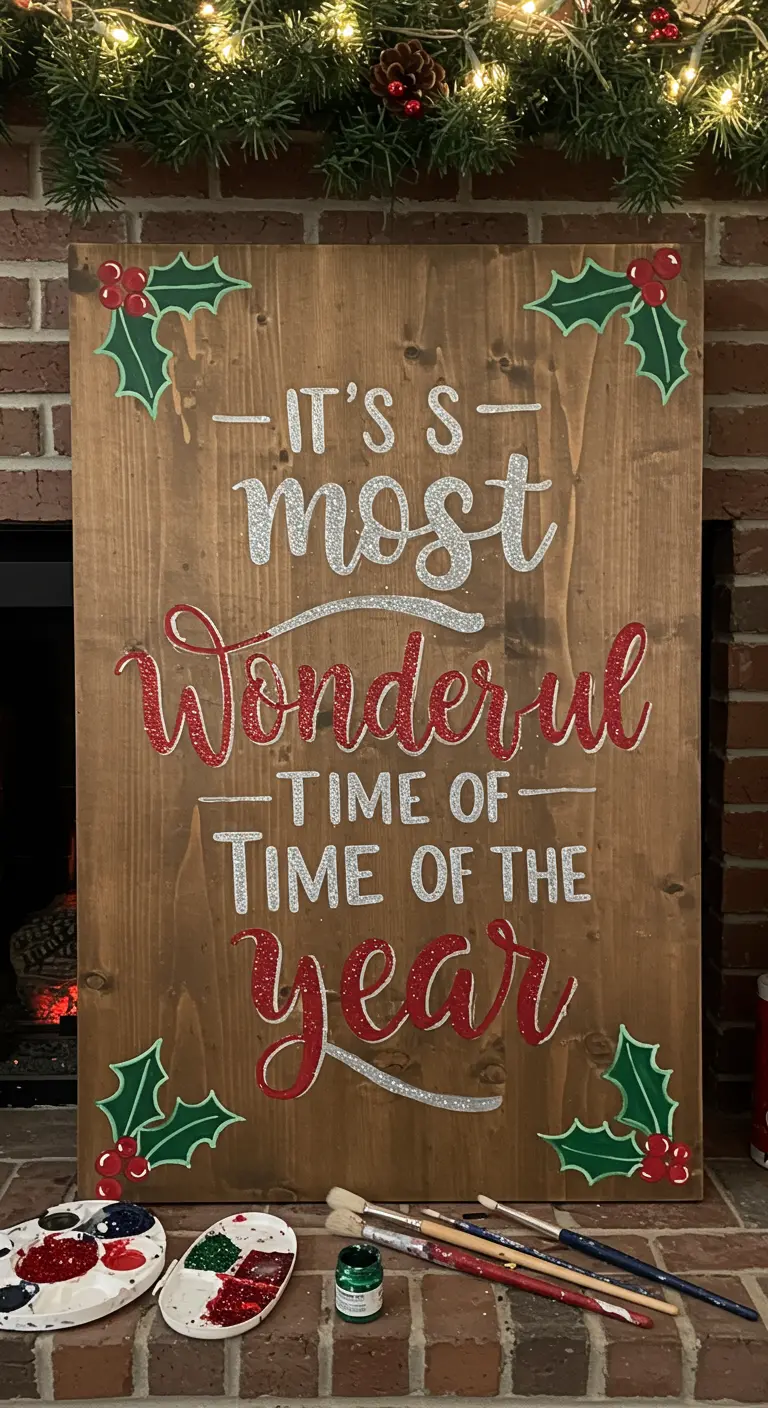 Letrero de madera de Navidad con la frase 'It's the most wonderful time of the year' con purpurina.
