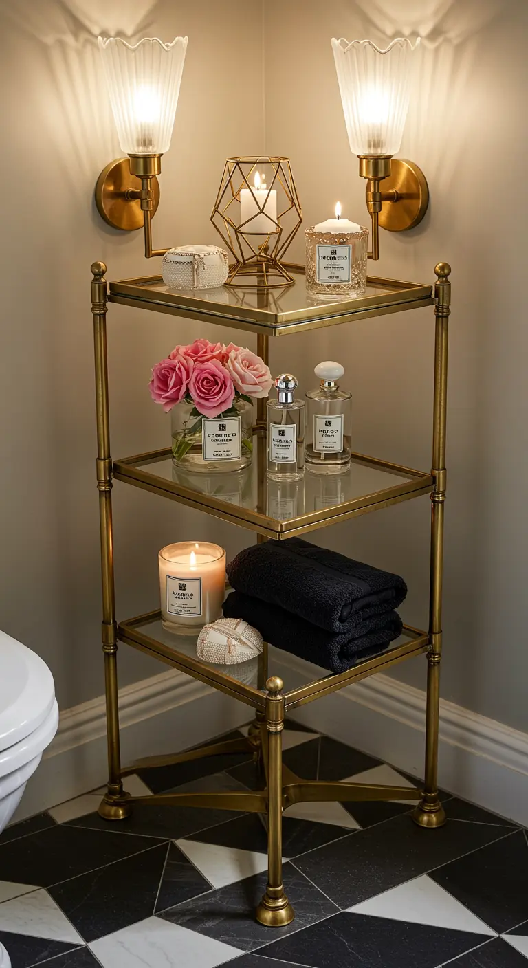 Estantería esquinera dorada de cristal con velas, flores y perfumes en un baño elegante.