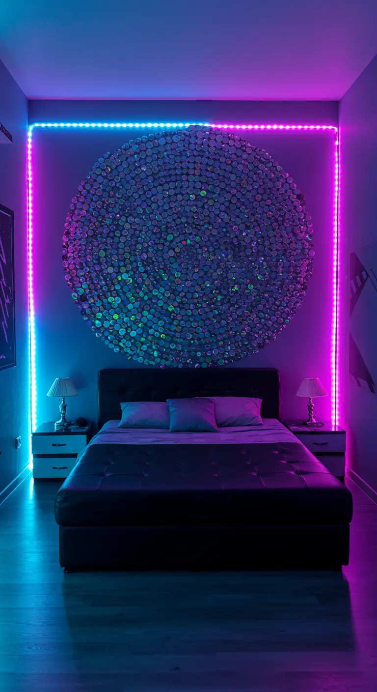 Mosaico circular hecho con trozos de CDs que refleja luces de neón en un dormitorio moderno.