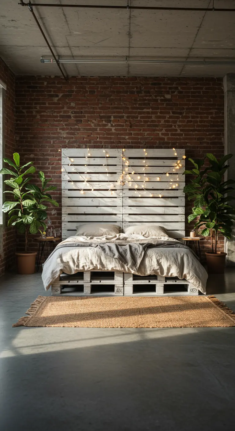 Cabecera hecha con palets de madera pintados de blanco y decorados con una guirnalda de luces.