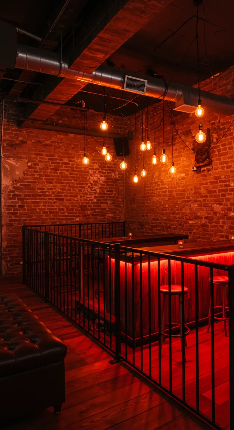 Interior de un bar con pared de ladrillo y una barra iluminada desde abajo con luz LED roja intensa