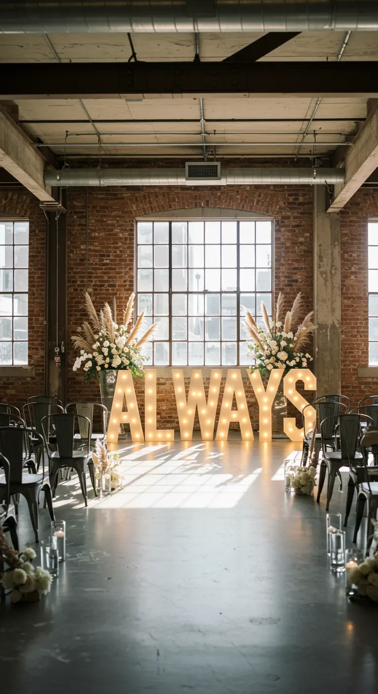 Letras luminosas gigantes con la palabra ALWAYS en un pasillo de boda de estilo industrial.