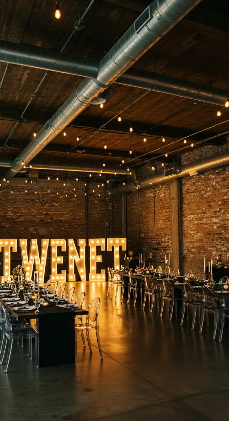 Letras luminosas gigantes 'TWENTY' en una fiesta de cumpleaños en un loft industrial.
