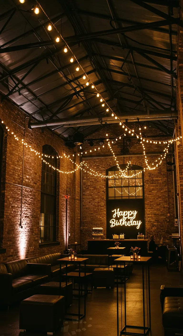 Espacio de fiesta de estilo industrial con paredes de ladrillo, iluminado por guirnaldas de luces y un letrero de neón.