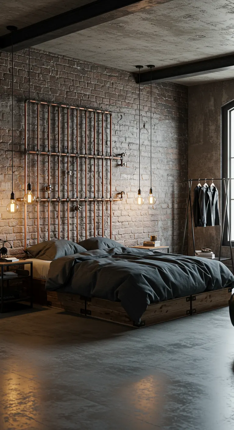 Cabecero hecho con una estructura de tuberías de cobre en un dormitorio de estilo industrial con pared de ladrillo