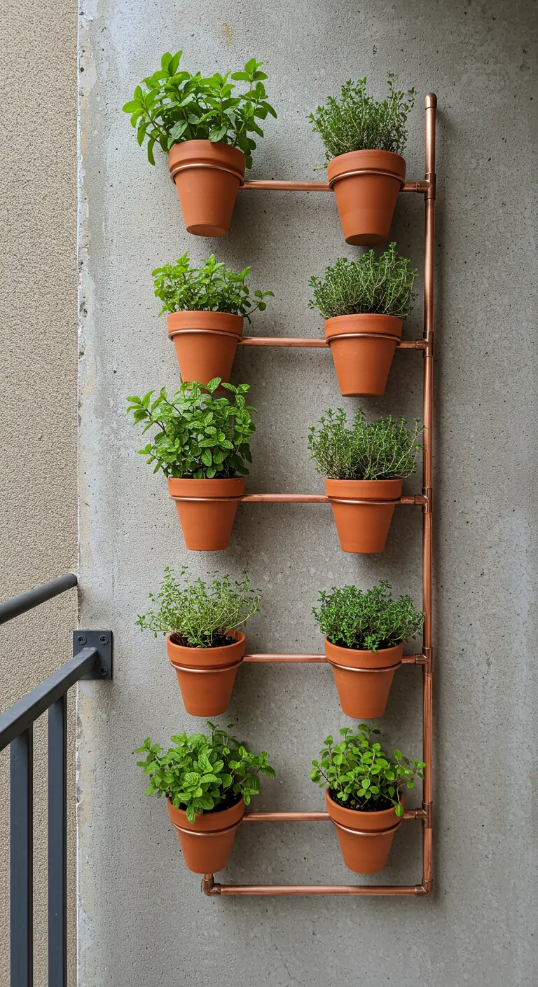 Estructura vertical de tubos de cobre en una pared de hormigón sosteniendo macetas de terracota.