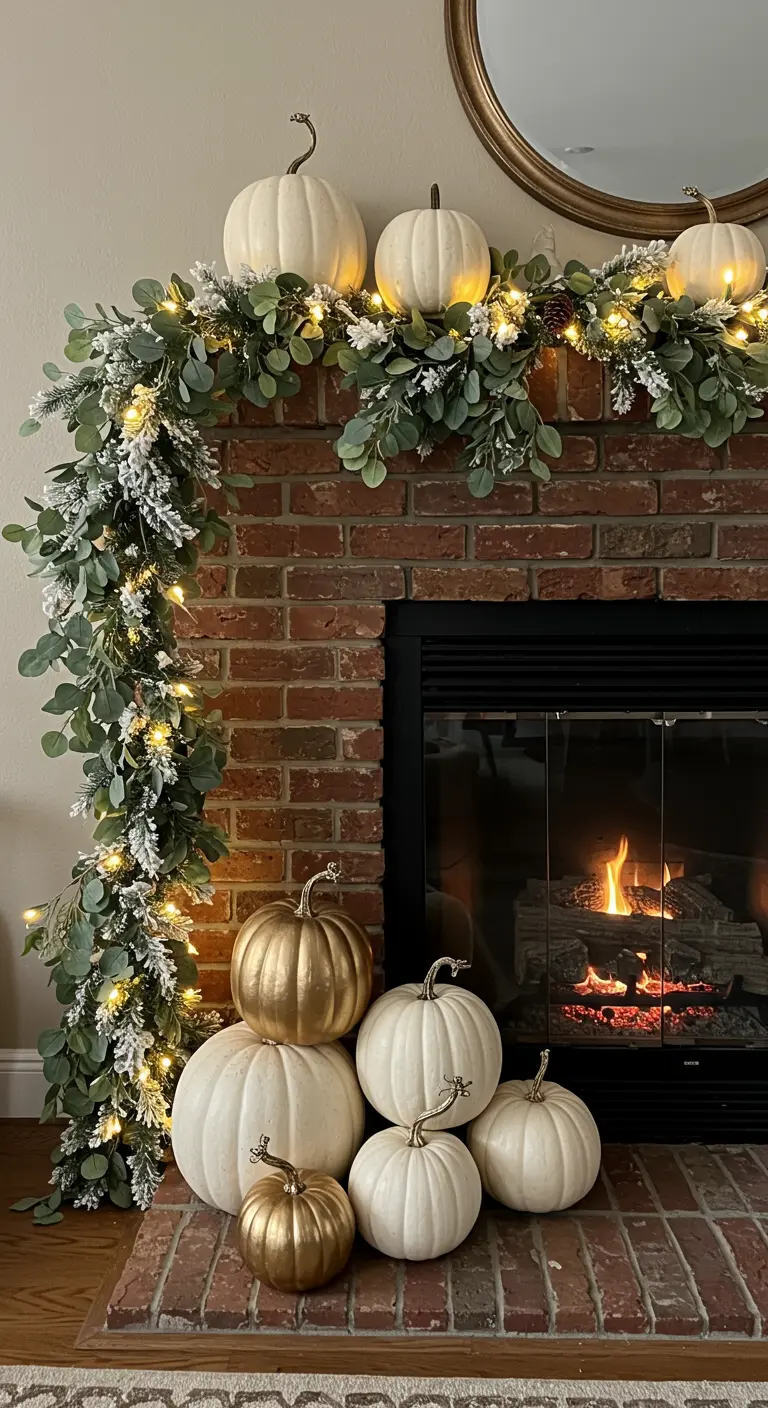 Chimenea de ladrillo con una guirnalda de eucalipto escarchado y luces LED, y calabazas blancas y doradas.