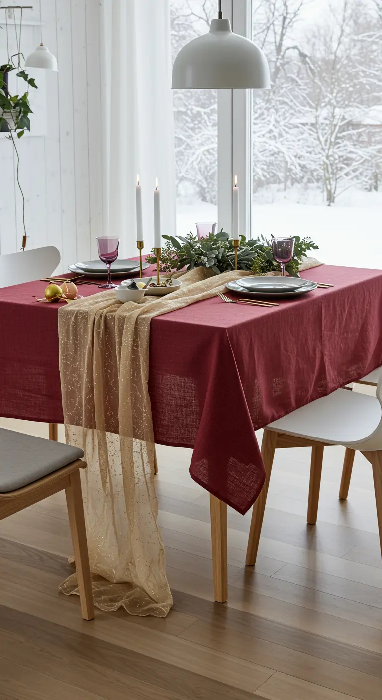 Mesa de comedor minimalista con mantel rojo, camino dorado transparente y vista a un paisaje nevado.