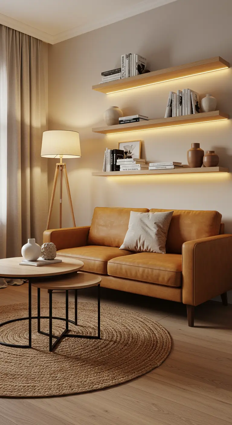 Sala con sofá de cuero caramelo y estanterías flotantes con iluminación LED integrada.
