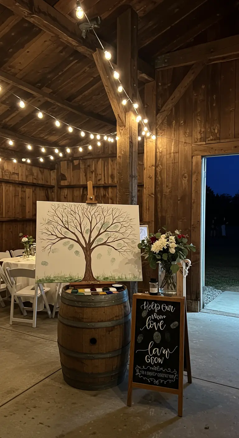 Estación de árbol de huellas en un granero rústico con luces colgantes y un barril.