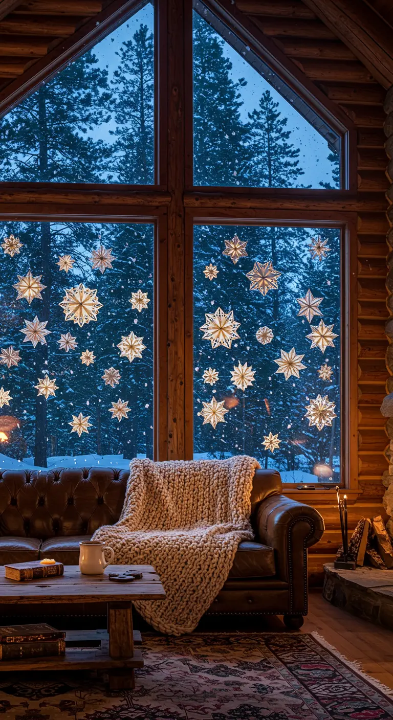 Ventana de una cabaña de madera con copos de nieve dorados de papel pegados en el cristal.