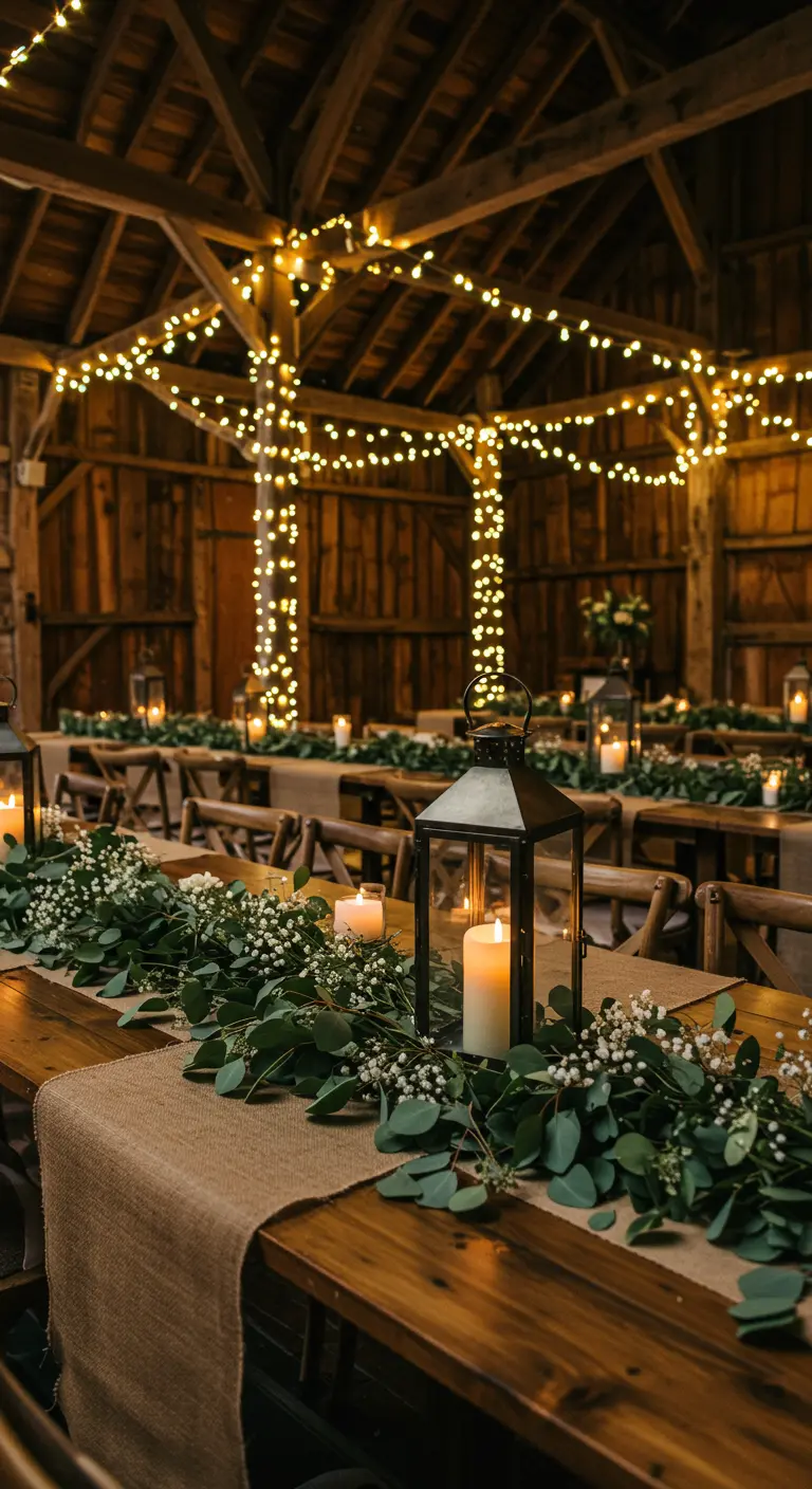 Mesa de boda en un granero rústico con farolillos, velas y guirnaldas de eucalipto.
