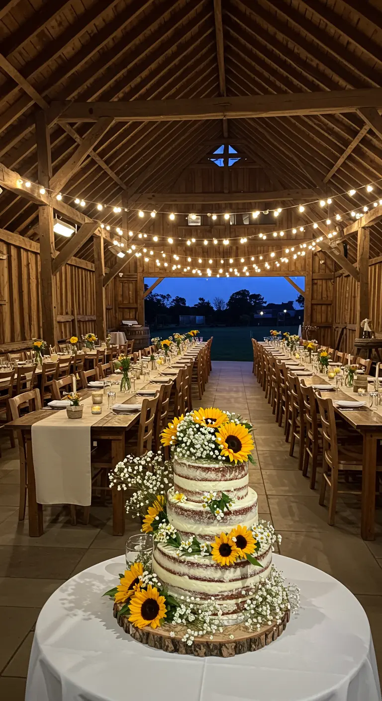 Pastel de tres pisos con girasoles en un granero con luces colgantes.