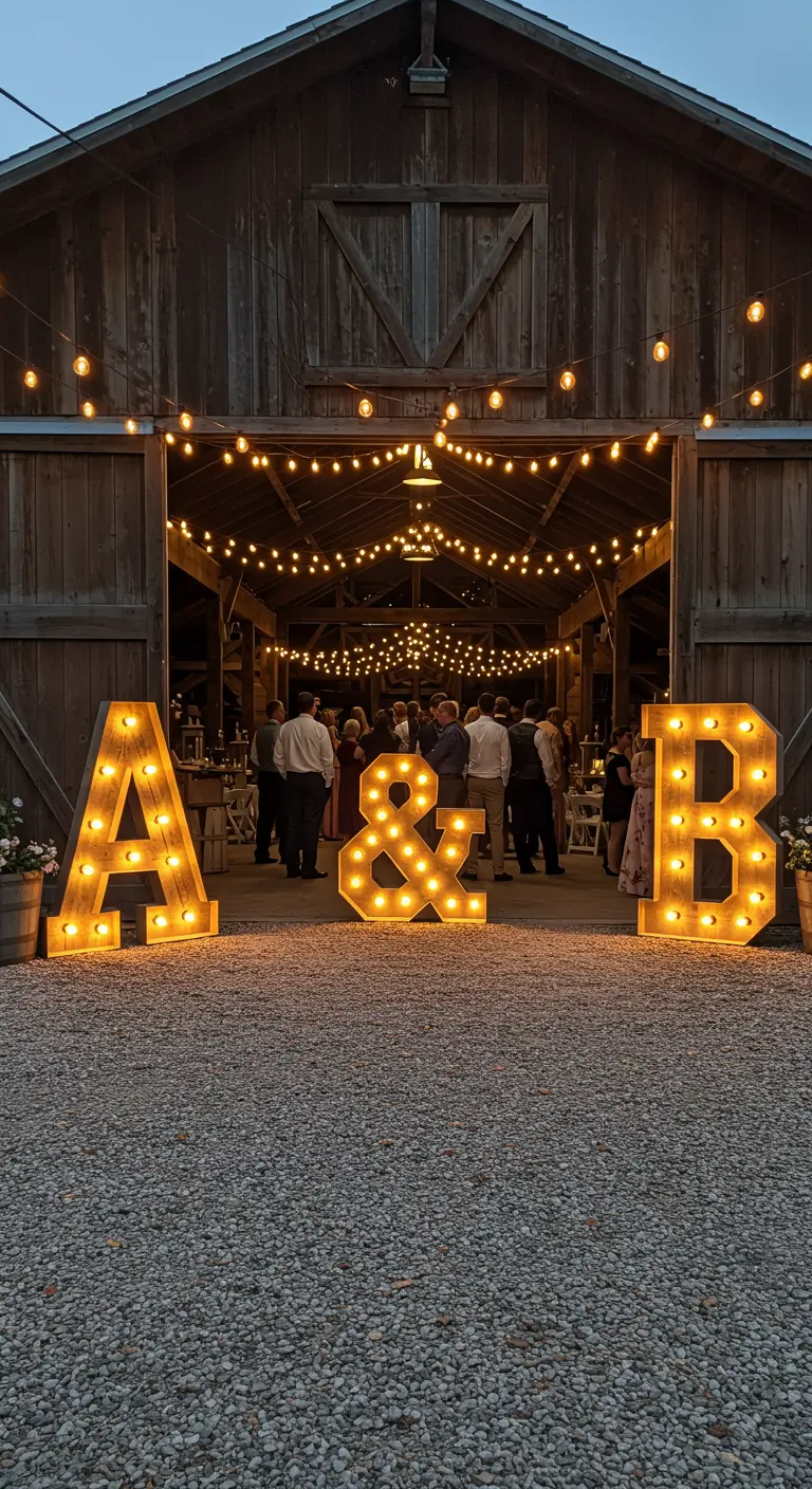 Iniciales gigantes 'A & B' con luces de marquesina en la entrada de un granero rústico de bodas.