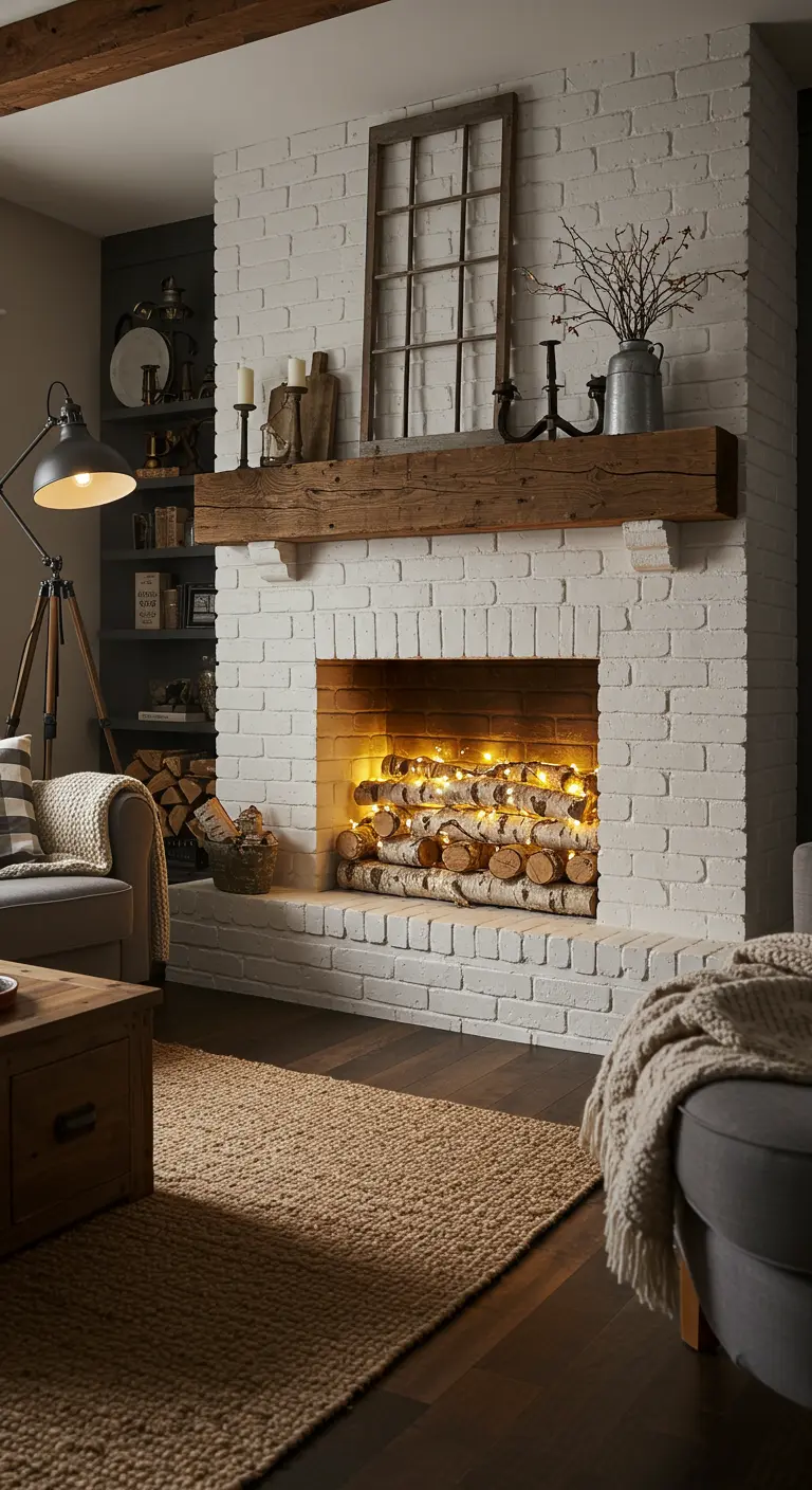 Chimenea rústica de ladrillo blanco con troncos de abedul iluminados por luces de hadas.