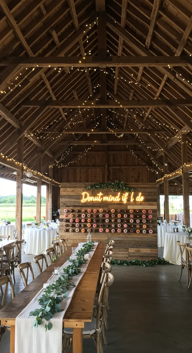 Pared de donuts de madera rústica en un granero con un letrero de neón y luces colgantes.