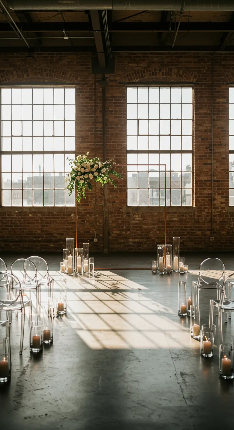 Altar de bodas en un loft industrial con arco de cobre y velas en cilindros de cristal.