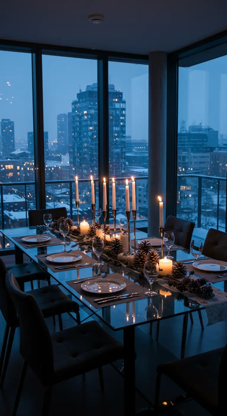 Mesa de comedor moderna de cristal con vistas a la ciudad y un centro de mesa con velas y piñas.