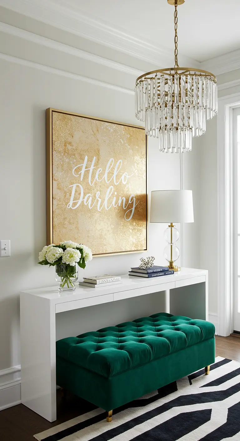 Entrada glamurosa con un cuadro de pan de oro que dice 'Hello Darling' y un banco de terciopelo verde.