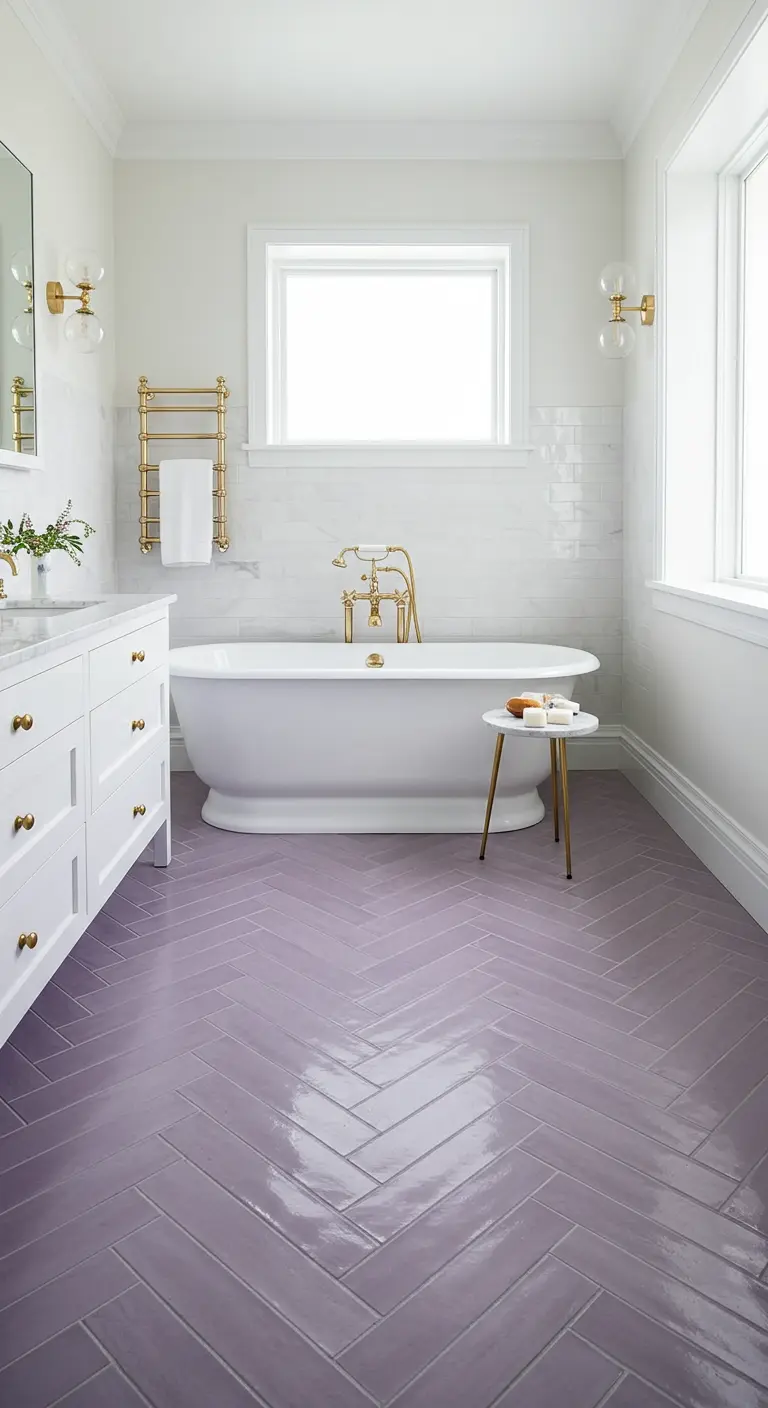 Baño blanco con un llamativo suelo de baldosas lilas en espiga y detalles dorados