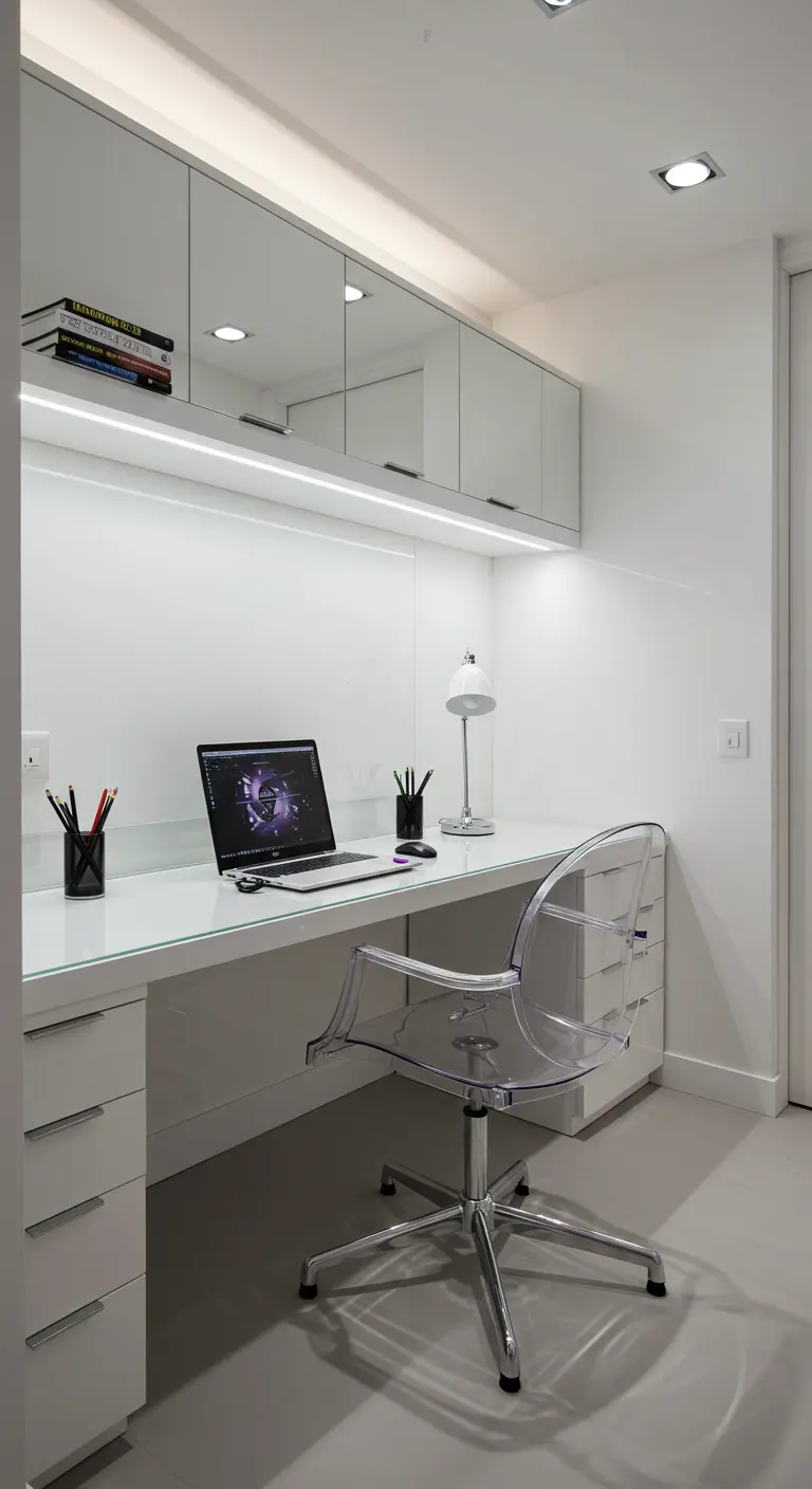 Escritorio blanco brillante con armarios de espejo y una silla transparente de acrílico.