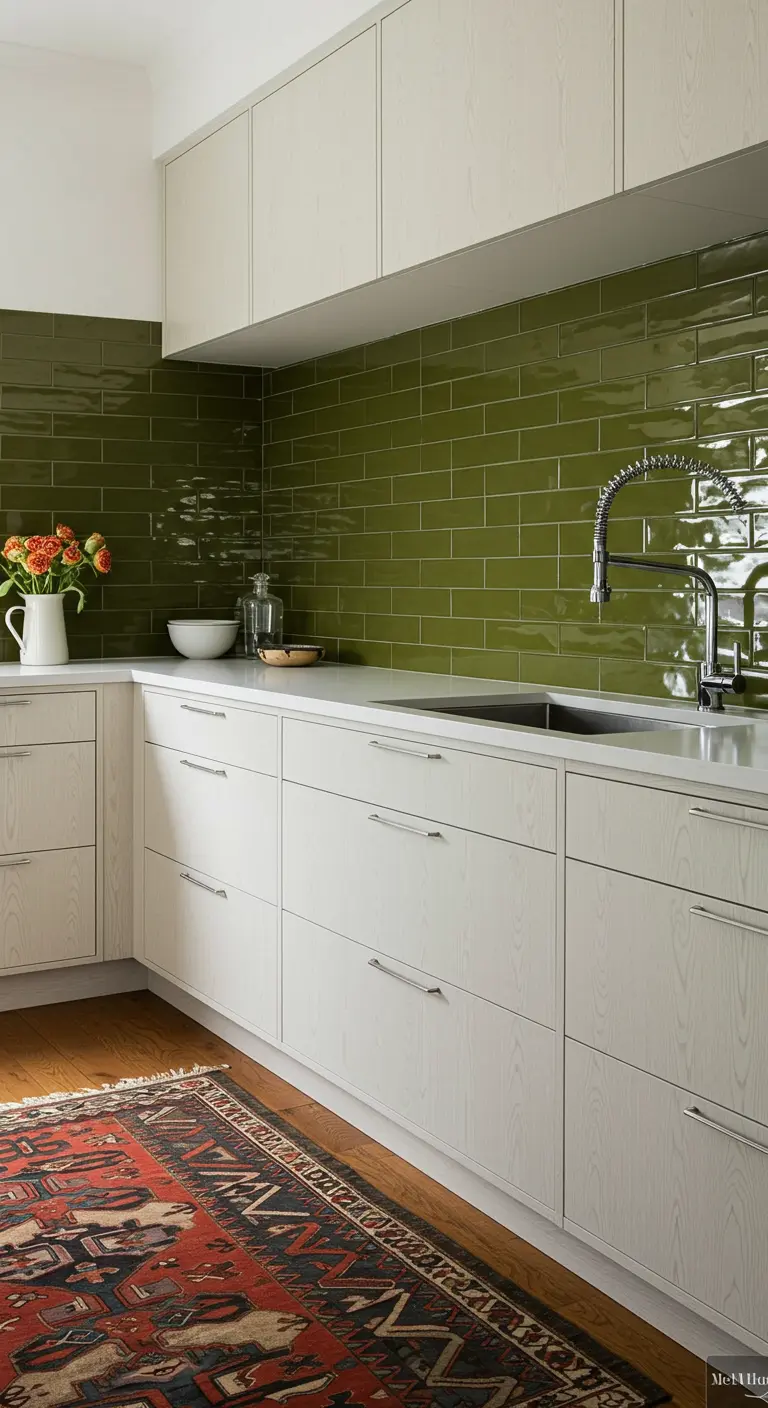 Cocina con gabinetes de madera clara y un salpicadero de azulejo verde oliva brillante.