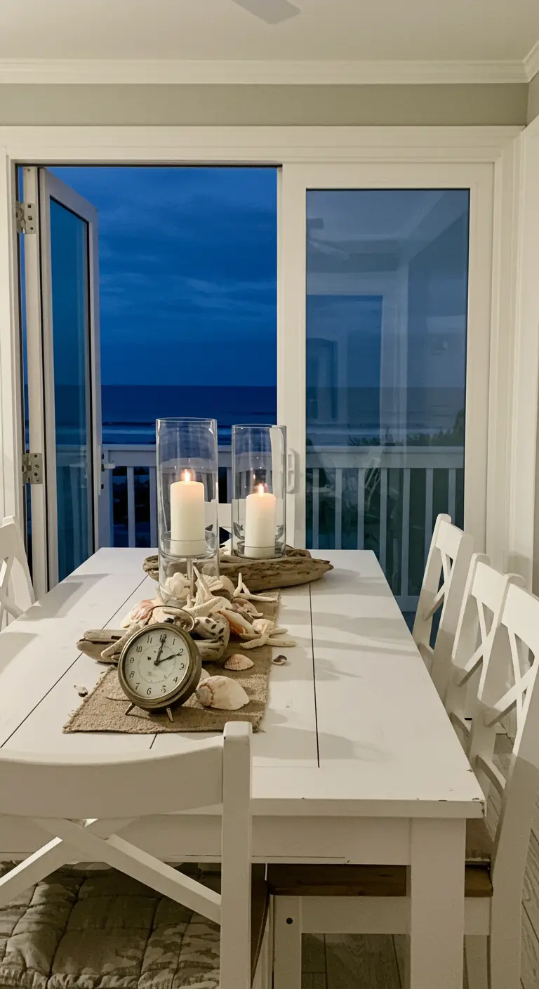 Mesa de comedor blanca con un reloj vintage, conchas y velas, con vistas al mar.