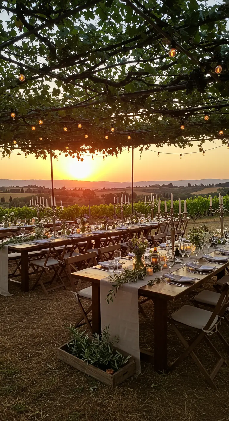 Mesas de boda en un viñedo al atardecer, con guirnaldas de luces cálidas.