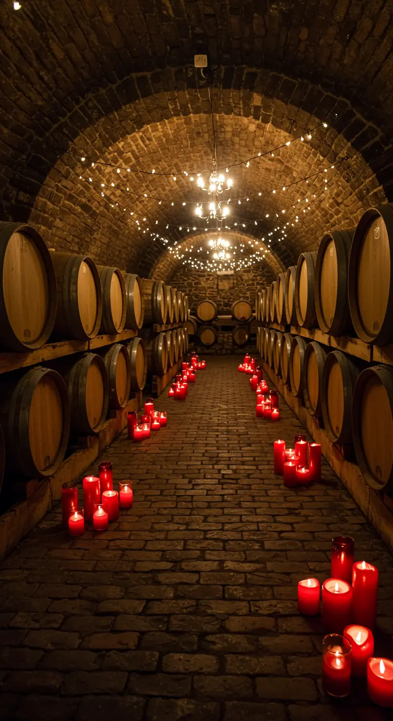 Pasillo de velas rojas en una bodega de vinos rústica con barricas de madera.
