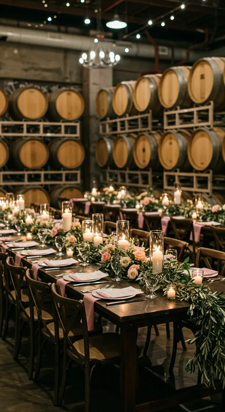 Recepción en una bodega con mesas largas de madera, velas y flores en tonos rosa pálido.