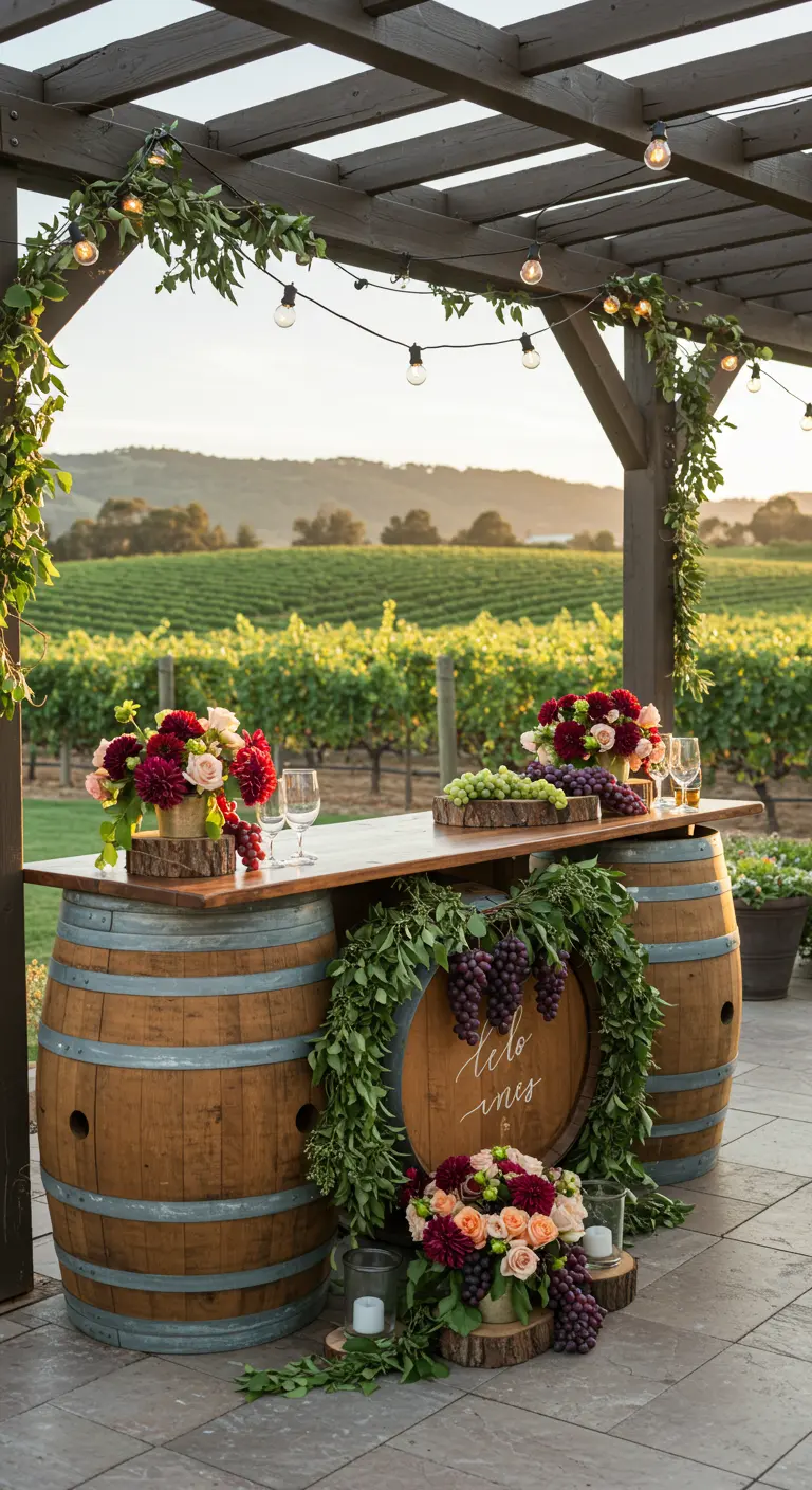 Barra de bebidas hecha con barriles de vino en un viñedo, decorada con uvas y flores.