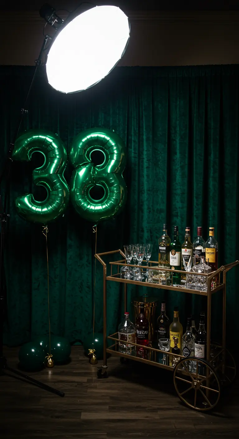 Globos verdes del número 38 frente a una cortina de terciopelo verde y un carrito de bar dorado.