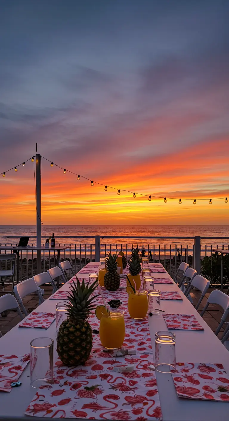 Mesa larga en una terraza con vistas al mar durante una espectacular puesta de sol.
