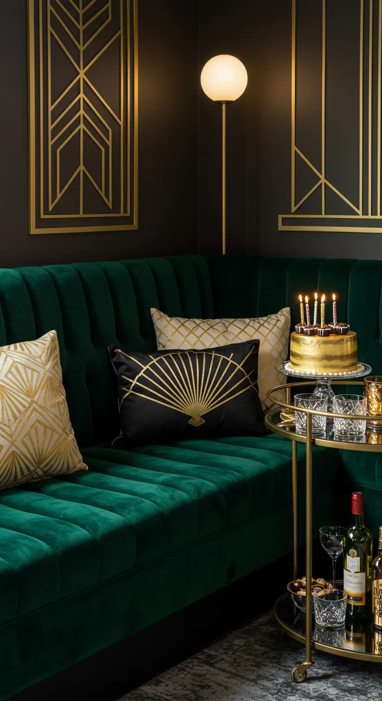 Sofá de terciopelo verde esmeralda con cojines dorados en un ambiente Art Déco.