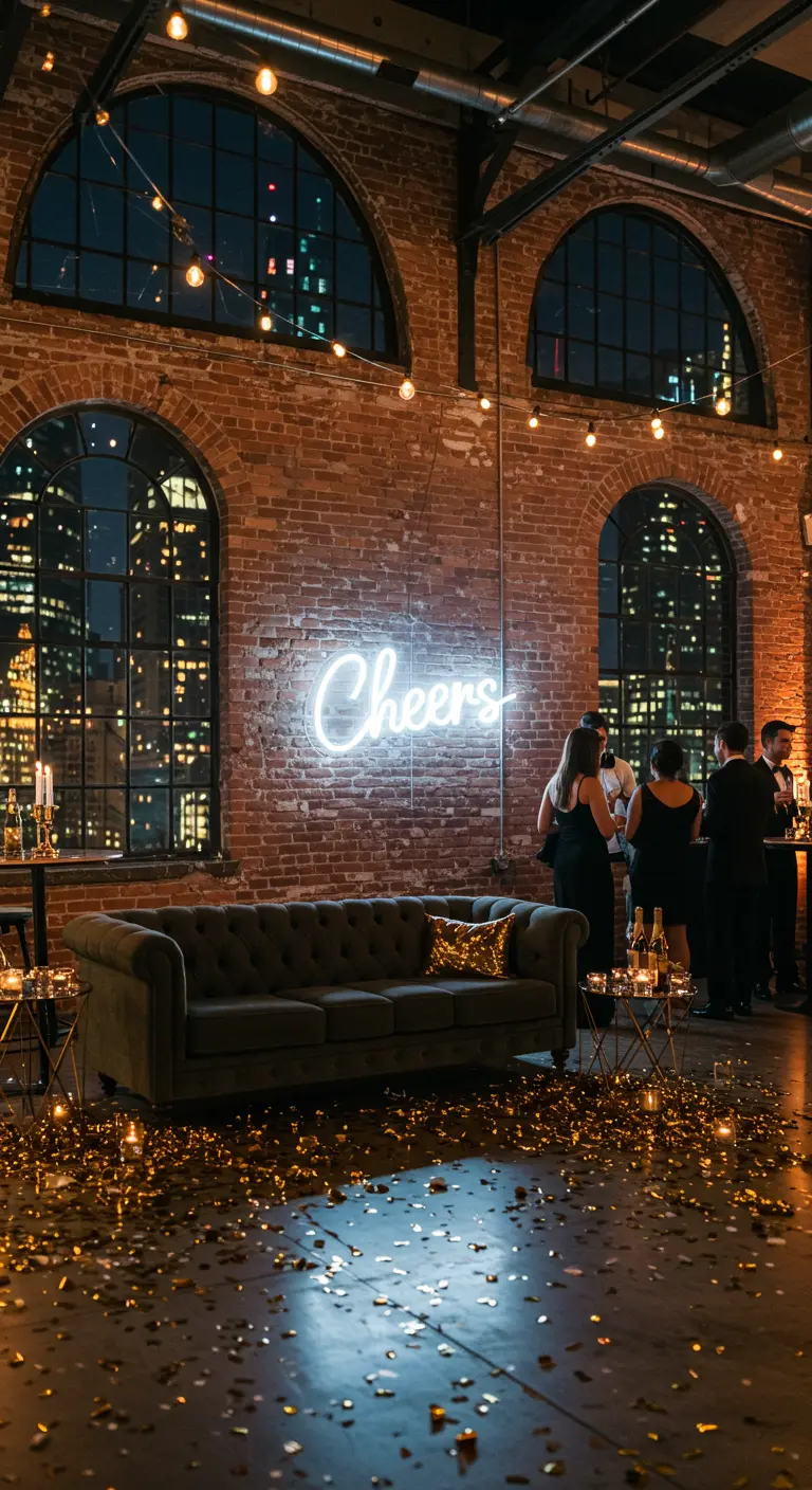 Rincón de fiesta en un loft con sofá, confeti dorado y un letrero de neón que dice